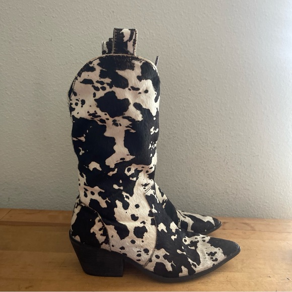 DINGO Black Cow Print Pointed Toe Boots DI127 Live a Little Leather Real Fur Sz7 - Picture 15 of 15